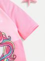 SHEIN Baby Girl's Cute Cartoon Unicorn Design Color Block Short Sleeve One-Piece Swimsuit