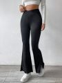 Daily&Casual Pocket Design Slit Flare Pants With High V Waist