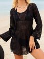 SHEIN Swim Basics Semi-Transparent Long Sleeve Hollow Out Cover Up