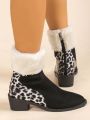 Women's Fashionable Leopard Print Mid-calf Boots, Warm & Stylish, Autumn And Winter, British Style Pointed Chunky Mid Heel Booties, Slip-on, Fashion Shoes