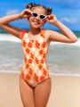 Girls Floral Print Ruffle Trim One Piece Swimsuit