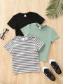 SHEIN 3pcs/set Toddler Boys' Street Style Casual Striped Print And Solid Color Short Sleeve T-shirt For Summer