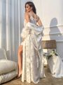 Fuzzy Trim Belted Robe & Cami Dress PJ Set