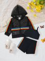 Baby Girls' Rainbow Striped Outdoor Sports Mesh Hooded Jacket, Tank Top And Shorts 3pcs/Set For Summer