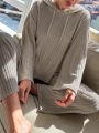 Women's Long Sleeve Ribbed Hooded Top And Pnats Set For Home Wear