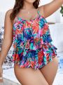 SHEIN Swim Classy Plus Size Tropical Printed Ruffle Swimsuit Set