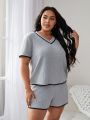 Plus Size Knit Textured Pajama Set With Contrast Trim