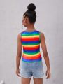 SHEIN Kids Cooltwn Big Girls' Casual Rainbow Striped Knitted Sleeveless Tank Top, Great For Summer Vacation
