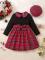 2-piece set of retro patchwork plaid dress for girls, fashionable bow belt, plaid beret, children's autumn and winter party clothing