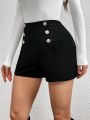 SHEIN Privé Women'S Double-Breasted Button Decorated Black Shorts