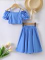 SHEIN Kids CHARMNG 2pcs/Set Spring/Summer Romantic One Shoulder Bubble Sleeve Crop Top And A-Line Skirt Outfit For Young Girls
