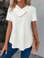 V-Neck Short Sleeve T-Shirt With Overlapping And Pleats Buttons Detailing