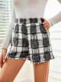 SHEIN Privé Plaid High Waisted Shorts With Fringe Trim