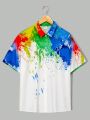 SHEIN Teenage Boys' Casual Loose Fit Ink Splatter Colorful Pattern Short Sleeve Shirt