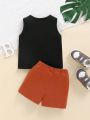 SHEIN Baby Boy Summer Coconut Tree & Car Letter Patterned Vest Top And Elastic Waist Shorts Set For Vacation