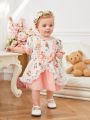 New Summer Baby Girls' Floral Patchwork Mesh Dress With Bowknot & Lace Detail