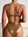 Women's One Piece Swimsuit With Gold Color Metal Accessory (Push Up)