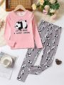 Tween Girl Panda & Slogan Graphic Tee & Pants PJ Set