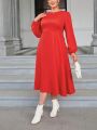 SHEIN Privé Plus Size Women's Elegant Red Round Neck Lantern Sleeve Dress