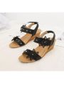 Wedge Sandals for Women Bohemia Elastic Ankle Strap Sandals Open Toe Flower Rhinestone Summer Platform Shoes Sandal