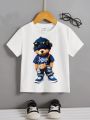 Toddler Boys' Casual Cartoon Bear Pattern Short Sleeve Round Neck T-shirt, Suitable For Summer