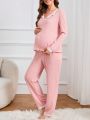 Maternity Lace Trim Bow Front Lettuce Trim PJ Set