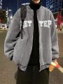 Men Letter Graphic Drop Shoulder Teddy Bomber Jacket