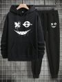 Extended Sizes Men Plus Cartoon Graphic Kangaroo Pocket Hoodie & Sweatpants