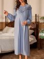 Maternity Patchwork Lace Ruffle Trim Decor Lantern Sleeve Pajama Set