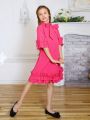 SHEIN Kids CHARMNG Tween Girls' Bow Tie Stand Collar Mid-Sleeve Multi-Hierarchical Ruffle Frill Hem Decorated Dress