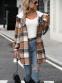 Plaid Print Drop Shoulder Drawstring Hooded Coat