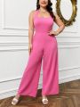 SHEIN Privé Elegant Long Neck-Hanging Backless Plus Size Jumpsuit With Waist-Tie Design For Valentine's Day
