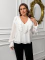 SHEIN Privé Women'S Plus Size Shirt With Exaggerated Decorative Ruffle Hem, V-Neck, Romantic Chiffon Material And Drawstring Sleeves
