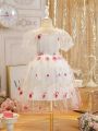 SHEIN Kids EVRYDAY Young Girl's Summer New Strawberry Embroidery Mesh Sweet Puffy Princess Dress