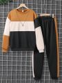 2pcs/set Teenage Boys' Sporty Color Block Round Neck Sweatshirt And Sweatpants Set