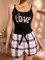 Text & Plaid Print Cami Top And Shorts Homewear Set