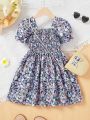 SHEIN Kids SUNSHNE Young Girl'S Panelled Bubble Short Sleeve Dress With Floral Print