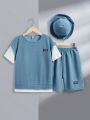SHEIN Kids SUNSHNE Tween Boys' Texture-Press Patch Print Casual T-Shirt Shorts Hat 3pcs/Set