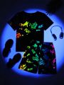 SHEIN Teen Boys' Casual Streetwear Style Night Light Digital Letter Printed Patchwork Short Sleeve T-Shirt And Shorts Set