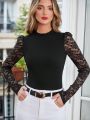 SHEIN Frenchy Women Elegant Lace Spliced Bubble Long-Sleeve Fitted Knit T-Shirt With Ruffled Neckline For Valentine's Day, New Year, Christmas