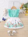 Simple & Cute Bunny & Butterfly Printed Ruffle Trim Dress For Baby Girl