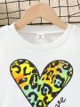 SHEIN Kids HYPEME Teen Girls' Leopard Print Heart Pattern Sweatshirt And Flared Pants Set