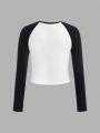 SHEIN Kids HYPEME Girls' Train & Letter Printed Colorblock Raglan Sleeve Long Sleeve T-shirt With Notched Collar