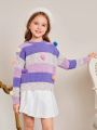 SHEIN Kids CHARMNG Tween Girls' Romantic Loose Fit Color Block Sweater With Pom-pom Embellishments And Round Neckline