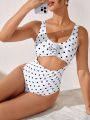 SHEIN Swim Chicsea Ladies' One-Piece Swimsuit With 3d Flower Decor, Polka Dot Print, Hollow Out Design