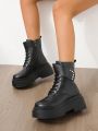 Women's Platform Wedge Heel Motorcycle Boots With Zipper And Lace-up Design, Black, Autumn And Winter New Arrival