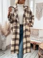 SHEIN LUNE Ladies' Plaid Pattern Woolen Coat With Pockets