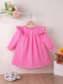 Baby Girls' Solid Color Long Sleeve Ruffle Trim Pleated Dress