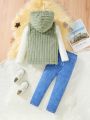 Toddler Girls' White Waffle-knit Long Sleeve Top + Plush Hooded Sleeveless Jacket, Denim Print Pants Outfit For Fall And Winter