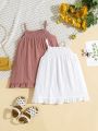 SHEIN Baby Girl Casual Summer Holiday Solid Color Ruffled Strap Dress 2pcs/Set